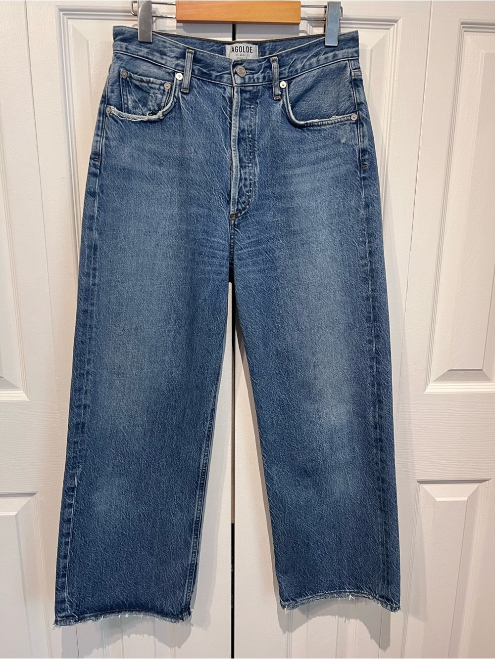 Agolde Ren High Rise Medium Blue Wash Cropped Wide Leg Jeans Size 27